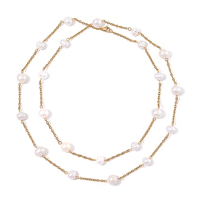 Freshwater White Pearl Station Necklace 36 Inches in ION Plated YG Stainless Steel