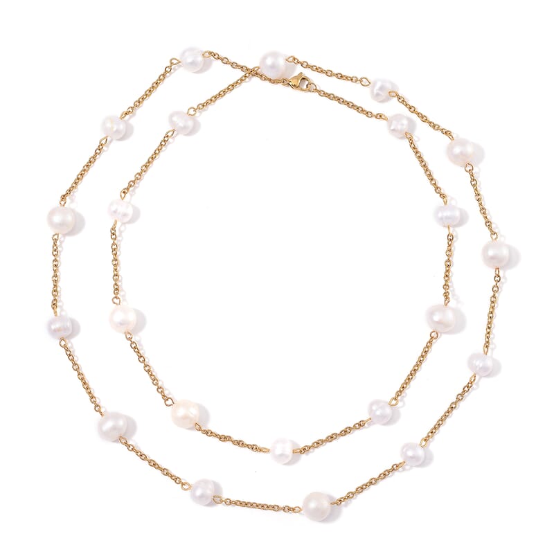 Freshwater White Pearl Station Necklace 36 Inches in ION Plated YG Stainless Steel