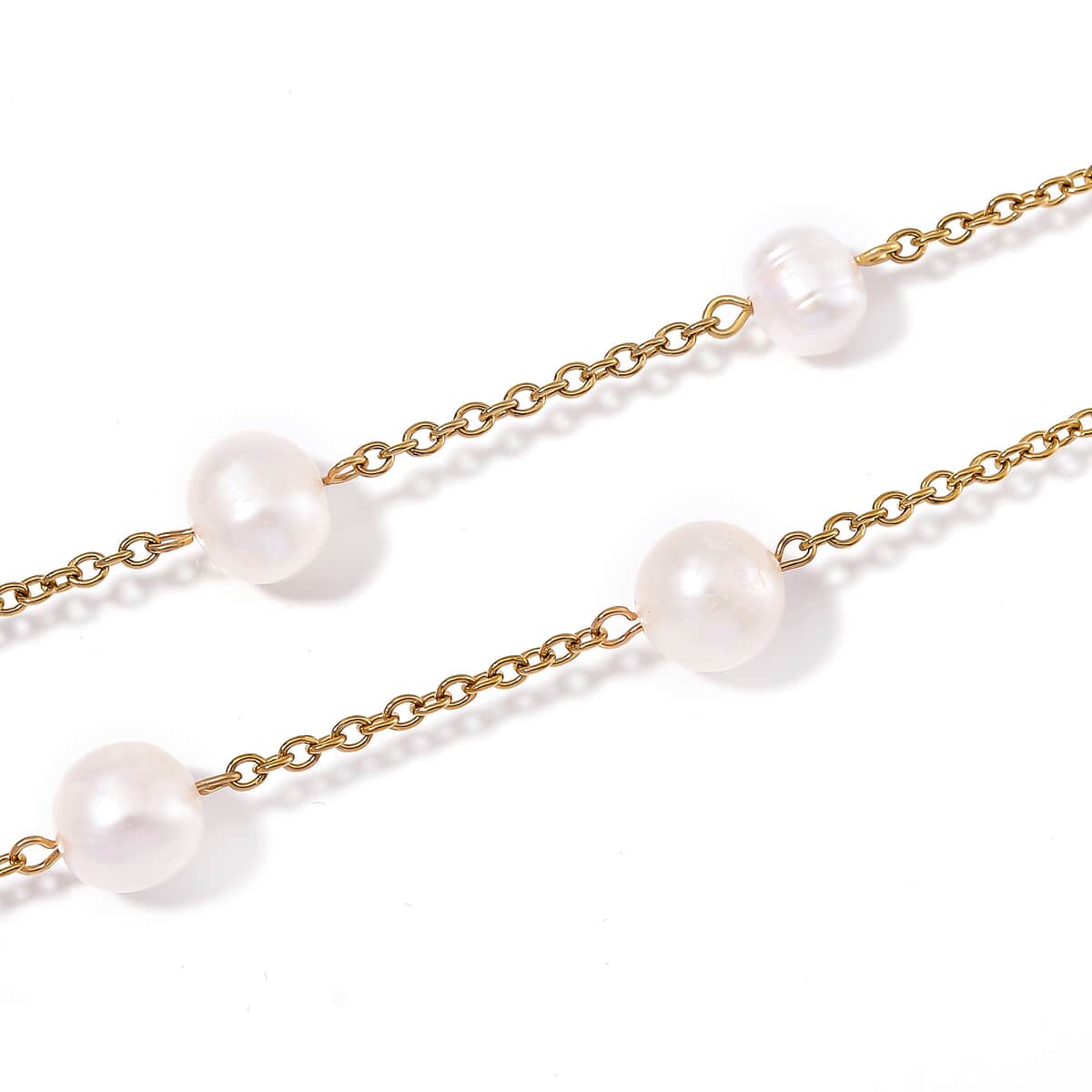 Freshwater White Pearl Station Necklace 36 Inches in ION Plated YG Stainless Steel image number 3