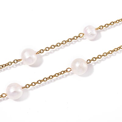 Freshwater White Pearl Station Necklace 36 Inches in ION Plated YG Stainless Steel
