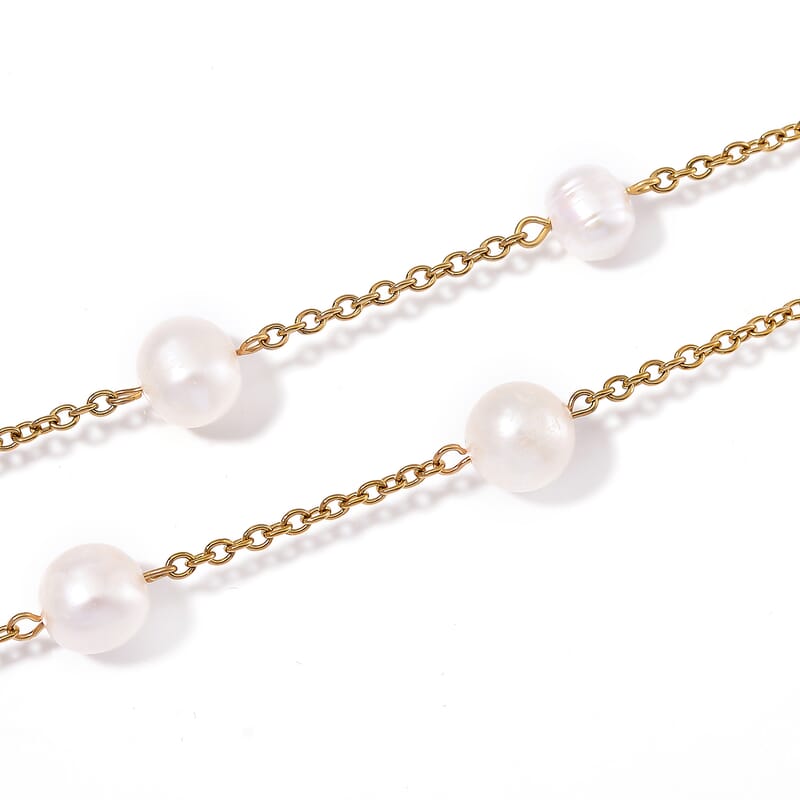 Freshwater White Pearl Station Necklace 36 Inches in ION Plated YG Stainless Steel