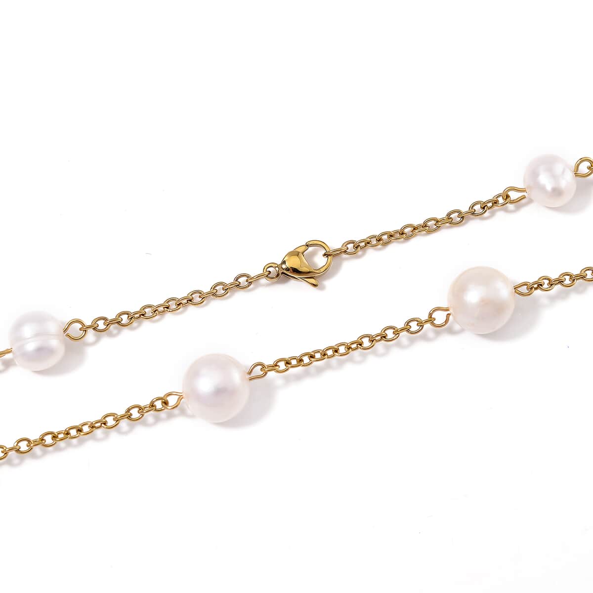 Freshwater White Pearl Station Necklace 36 Inches in ION Plated YG Stainless Steel image number 4