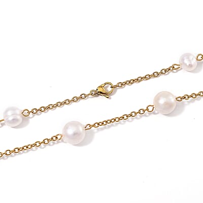Freshwater White Pearl Station Necklace 36 Inches in ION Plated YG Stainless Steel