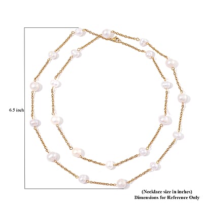 Freshwater White Pearl Station Necklace 36 Inches in ION Plated YG Stainless Steel