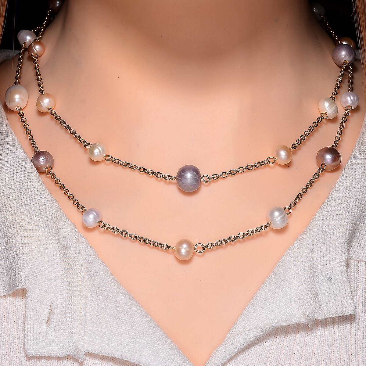 Multi Color Freshwater Pearl Necklace 36 Inches in ION Plated YG Stainless Steel image number 1