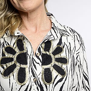 Tamsy White Zebra Crystal Leaf Button-Up Collared Blouse &ndash; S/M
