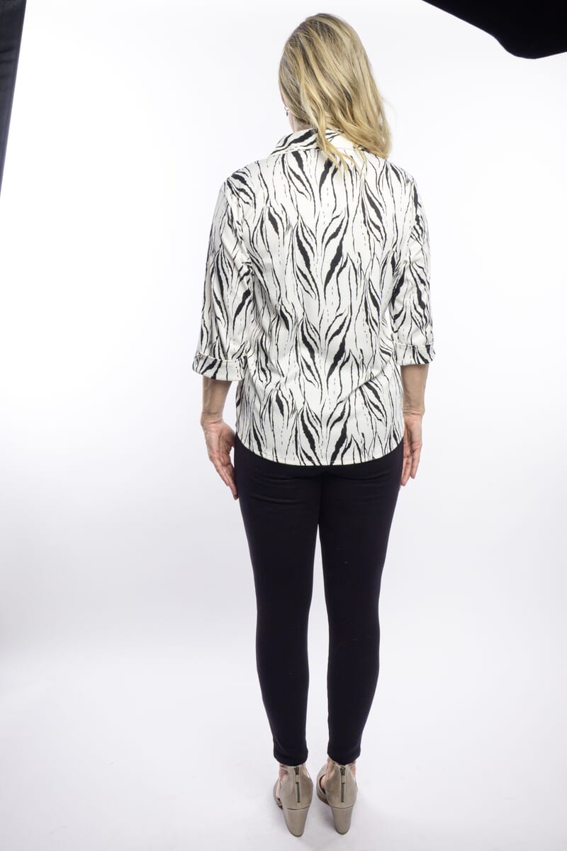 Tamsy White Zebra Crystal Leaf Button-Up Collared Blouse – M/L image number 2