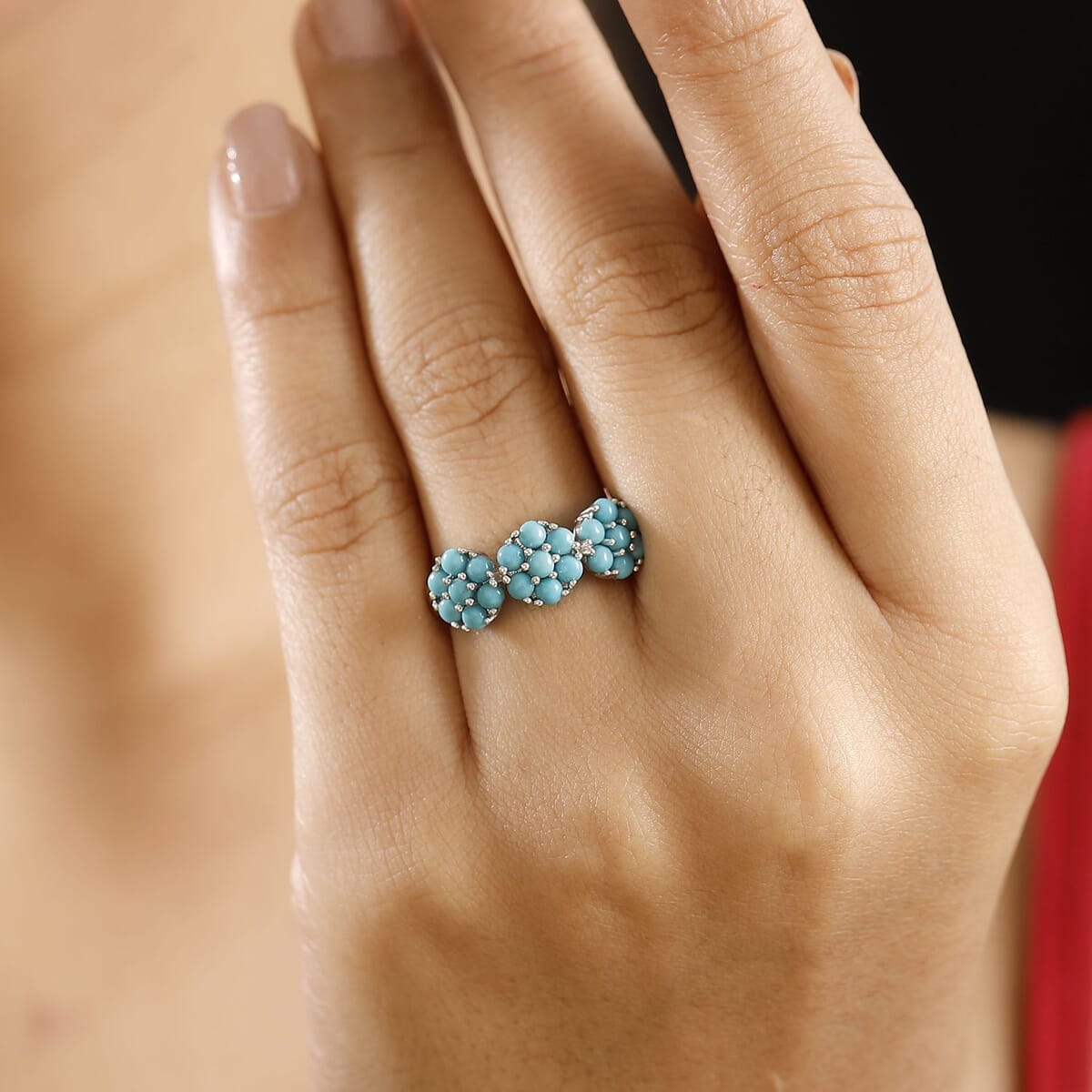 Sleeping Beauty Turquoise 1.35 ctw Floral Ring in Rhodium Over Sterling Silver (Size 7.0)  image number 2