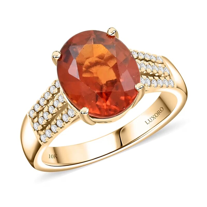 Certified & Appraised Luxoro AAA Ceylon Hessonite Garnet and G-H I2 Diamond 5.00 ctw Ring in 10K Yellow Gold (Size 10.0) 4.25 Grams