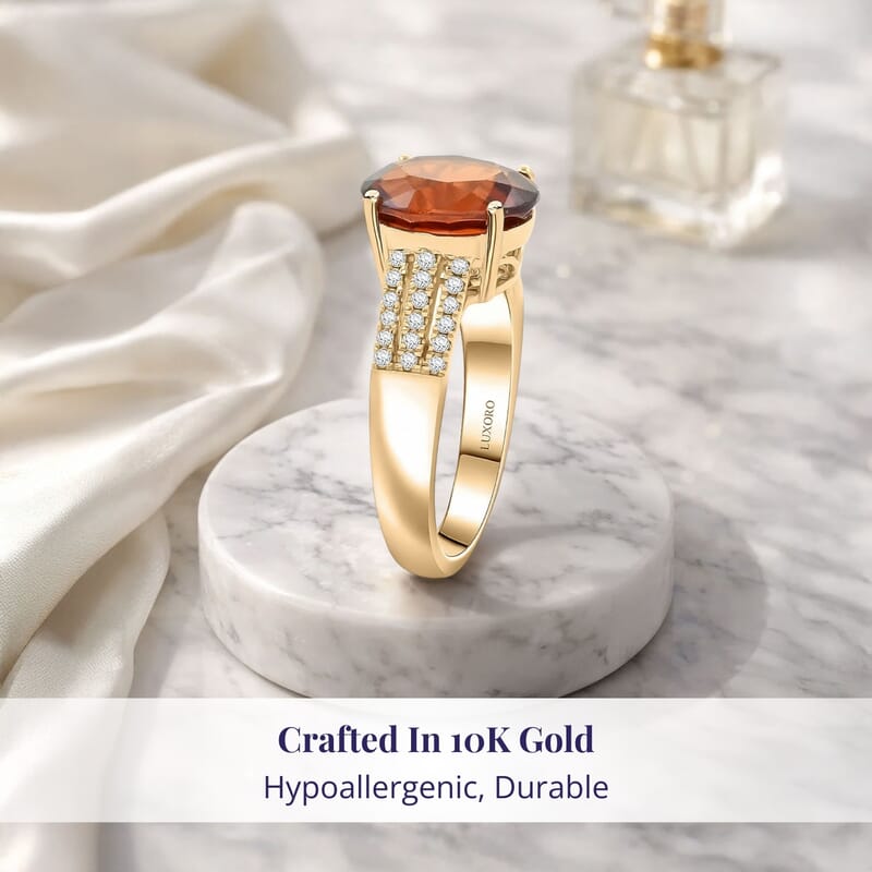 Certified & Appraised Luxoro AAA Ceylon Hessonite Garnet and G-H I2 Diamond 5.00 ctw Ring in 10K Yellow Gold (Size 10.0) 4.25 Grams
