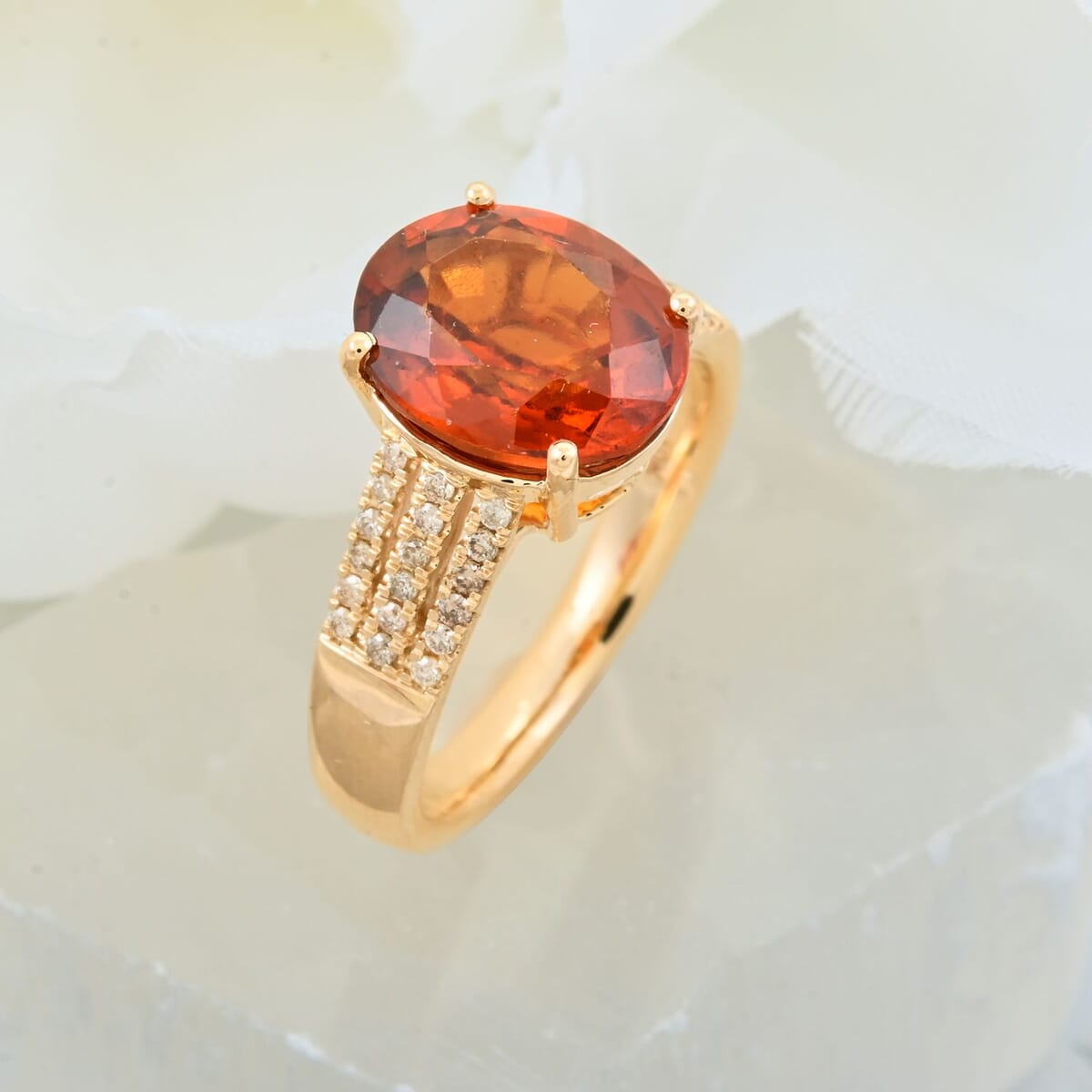 Certified & Appraised Luxoro AAA Ceylon Hessonite Garnet and G-H I2 Diamond 5.00 ctw Ring in 10K Yellow Gold (Size 7.0) 4.25 Grams image number 1