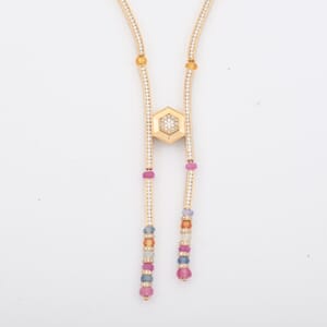 Clarte Prismatic Collection Multi Sapphire and Moissanite 9.50 ctw Necklace in Vermeil Yellow Gold Over Sterling Silver 18 Inches