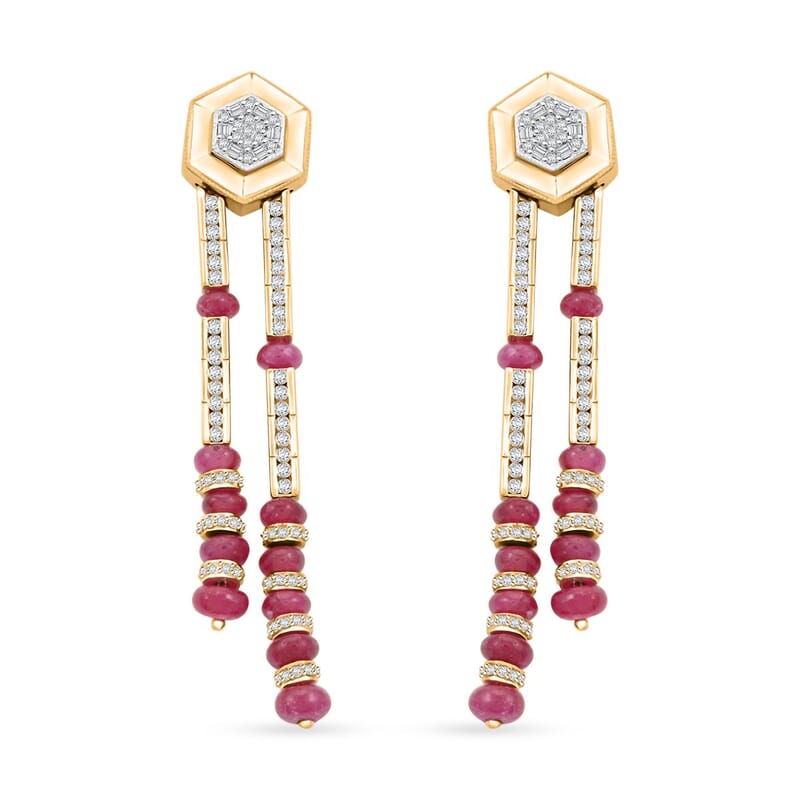 Clarte Prismatic Collection Ruby (FF) and Moissanite 8.95 ctw Earrings in Vermeil Yellow Gold Over Sterling Silver