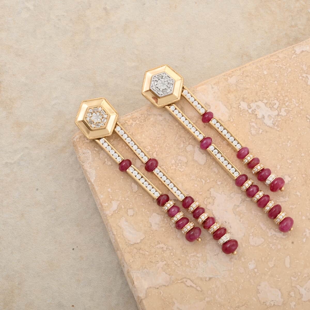 Clarte Prismatic Collection Ruby (FF) and Moissanite 8.95 ctw Earrings in Vermeil Yellow Gold Over Sterling Silver image number 2