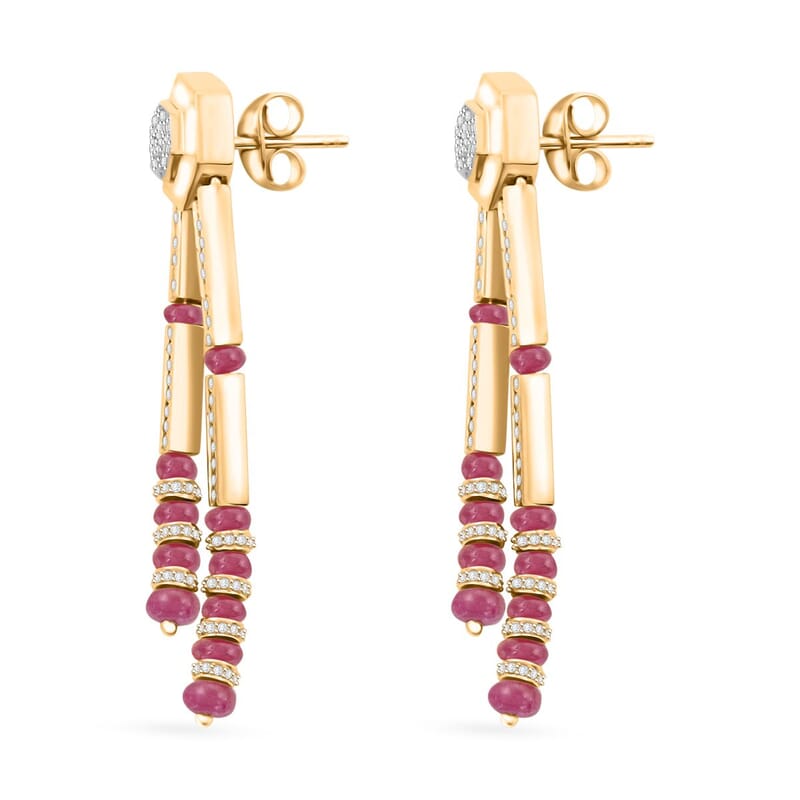 Clarte Prismatic Collection Ruby (FF) and Moissanite 8.95 ctw Earrings in Vermeil Yellow Gold Over Sterling Silver