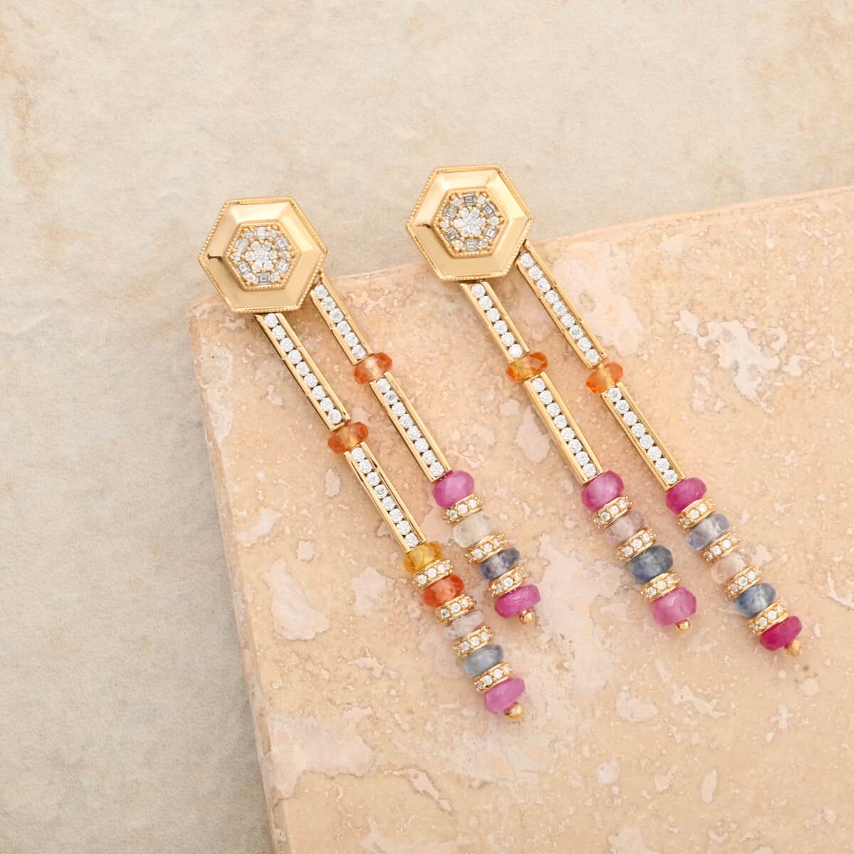 Clarte Prismatic Collection Multi Sapphire and Moissanite 8.25 ctw Earrings in Vermeil Yellow Gold Over Sterling Silver image number 2