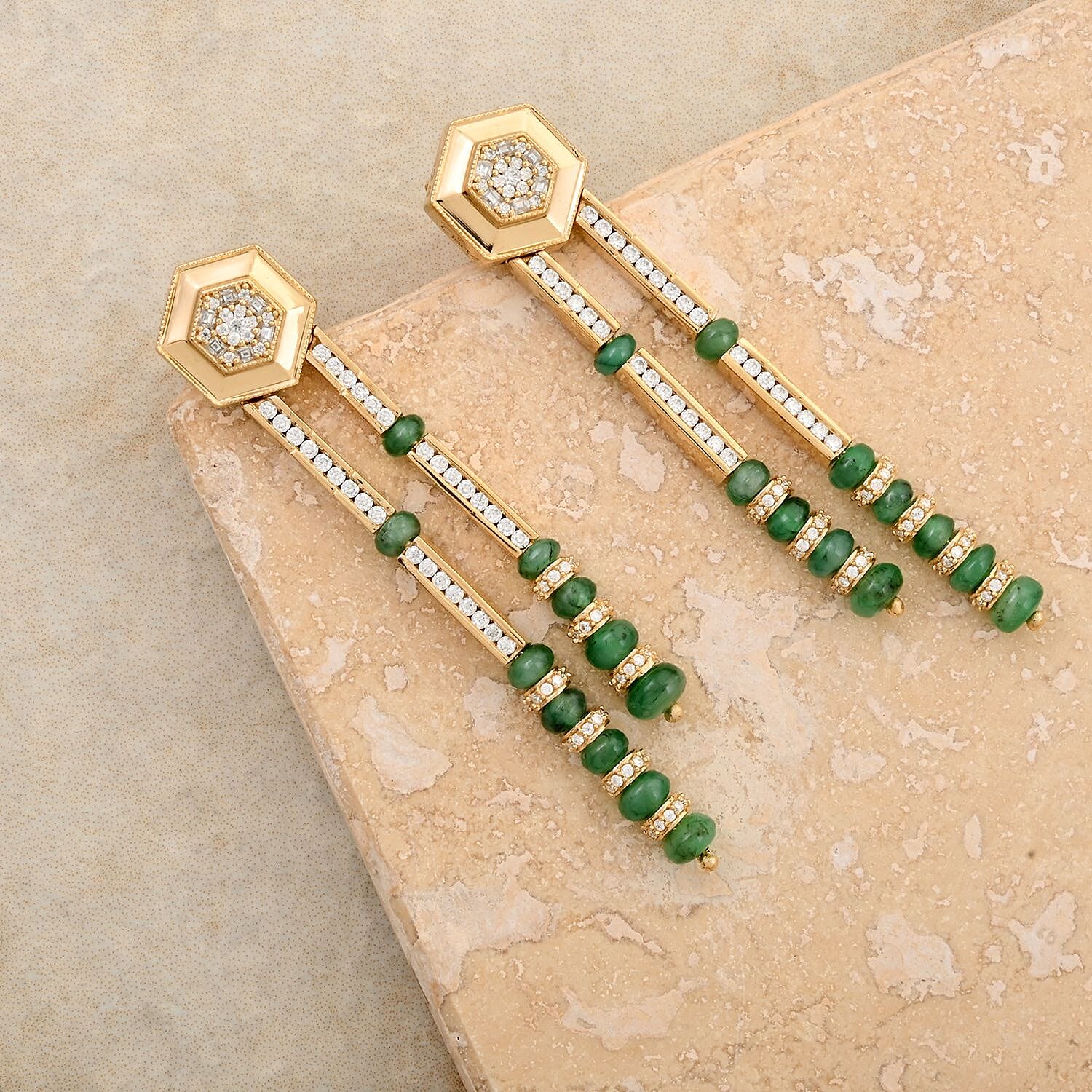 Clarte Prismatic Collection Emerald and Moissanite 6.00 ctw Earrings in Vermeil Yellow Gold Over Sterling Silver