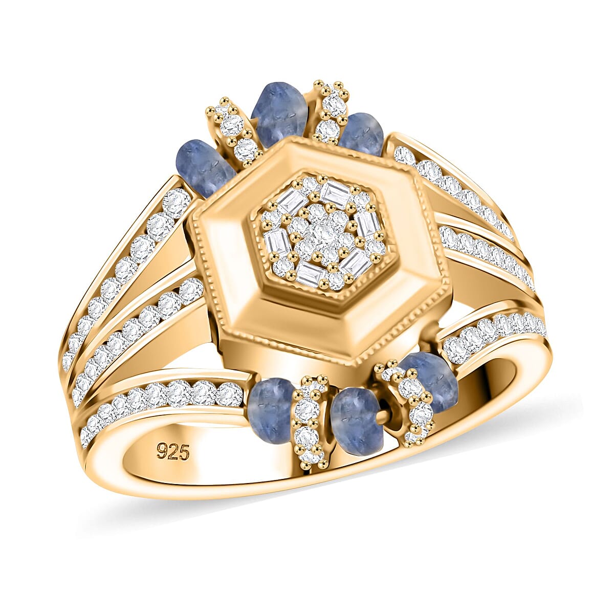 Clarte Prismatic Collection Blue Sapphire and Moissanite 1.85 ctw Ring in Vermeil Yellow Gold Over Sterling Silver (Size 9.0) image number 0