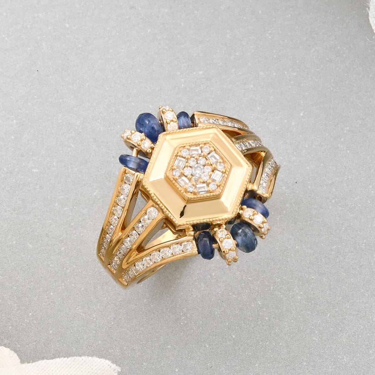Clarte Prismatic Collection Blue Sapphire and Moissanite 1.85 ctw Ring in Vermeil Yellow Gold Over Sterling Silver (Size 9.0) image number 1