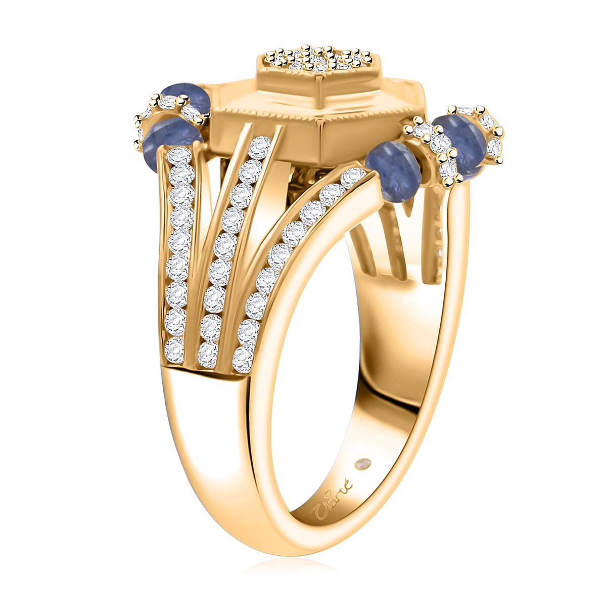 Clarte Prismatic Collection Blue Sapphire and Moissanite 1.85 ctw Ring in Vermeil Yellow Gold Over Sterling Silver (Size 9.0) image number 3