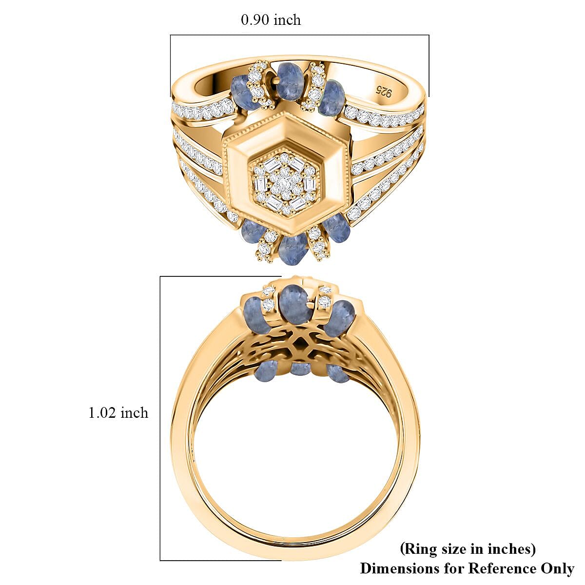 Clarte Prismatic Collection Blue Sapphire and Moissanite 1.85 ctw Ring in Vermeil Yellow Gold Over Sterling Silver (Size 9.0) image number 4