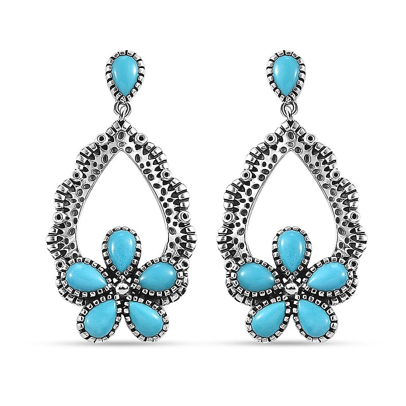 D'Joy Artisan Crafted Sleeping Beauty Turquoise 5.20 ctw Floral Earrings in Black Oxidized Sterling Silver