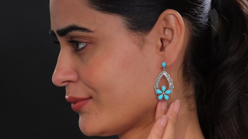 D'Joy Artisan Crafted Sleeping Beauty Turquoise 5.20 ctw Floral Earrings in Black Oxidized Sterling Silver
