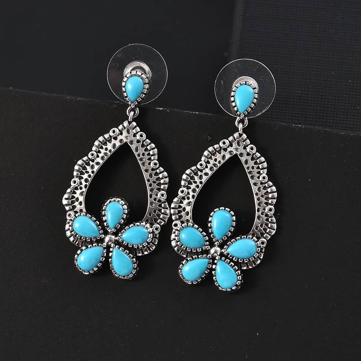 Artisan Crafted Sleeping Beauty Turquoise 5.20 ctw Floral Earrings in Black Oxidized Sterling Silver image number 1