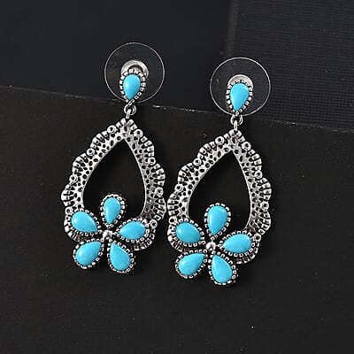 D'Joy Artisan Crafted Sleeping Beauty Turquoise 5.20 ctw Floral Earrings in Black Oxidized Sterling Silver