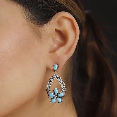D'Joy Artisan Crafted Sleeping Beauty Turquoise 5.20 ctw Floral Earrings in Black Oxidized Sterling Silver