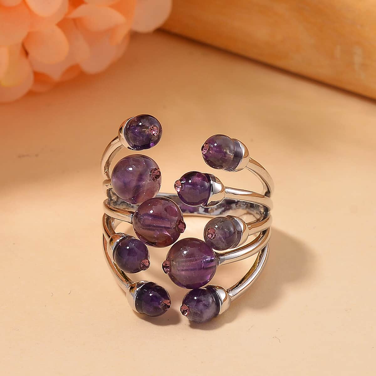 African Amethyst and Purple Austrian Crystal 3.00 ctw Adjustable Ring in Silvertone (Size 7-9) image number 1