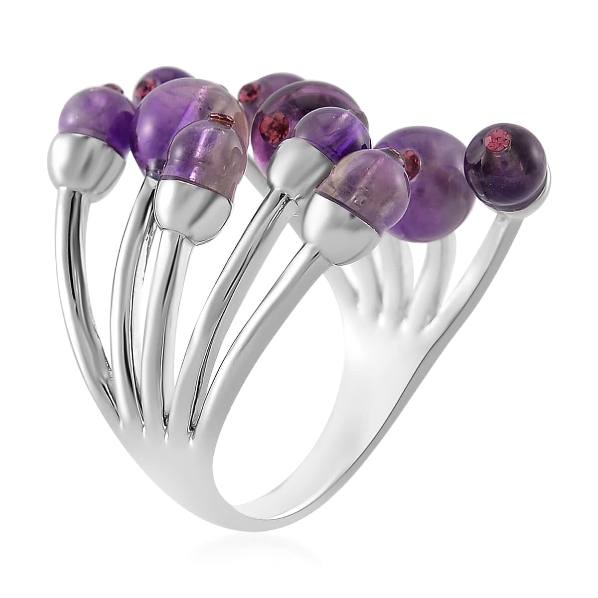 African Amethyst and Purple Austrian Crystal 3.00 ctw Adjustable Ring in Silvertone (Size 7-9) image number 3