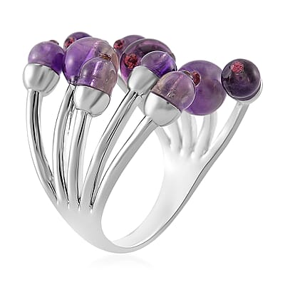 African Amethyst and Purple Austrian Crystal 3.00 ctw Adjustable Ring in Silvertone (Size 7-9)