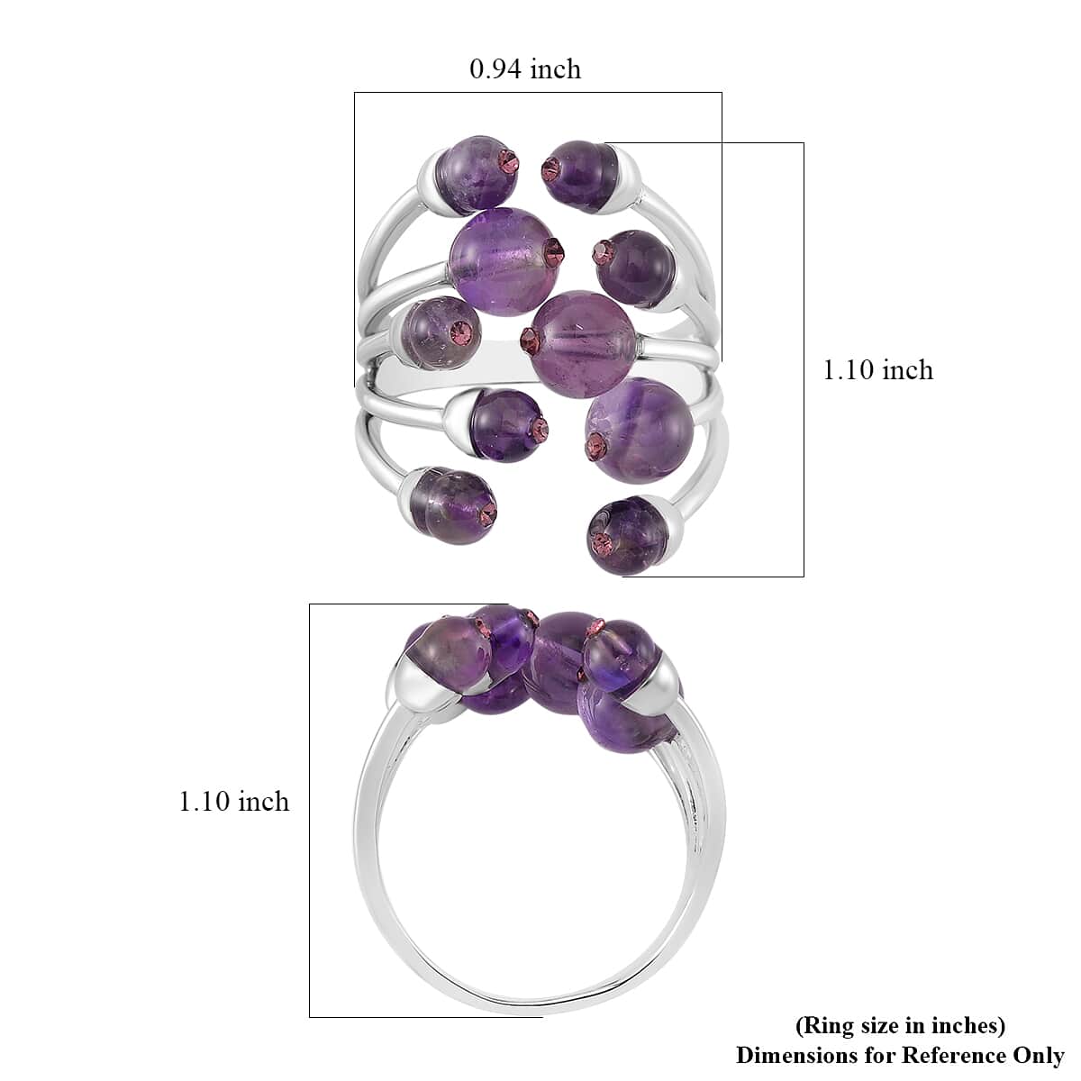 African Amethyst and Purple Austrian Crystal 3.00 ctw Adjustable Ring in Silvertone (Size 7-9) image number 5