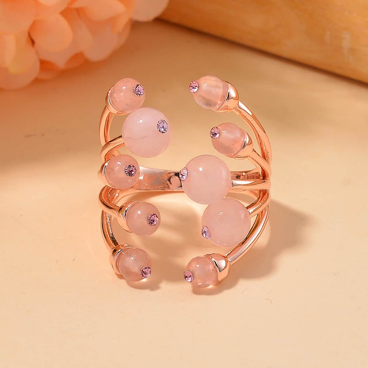 Galilea Rose Quartz and Pink Austrian Crystal 3.00 ctw Adjustable Ring in Silvertone (Size 7-9) image number 1