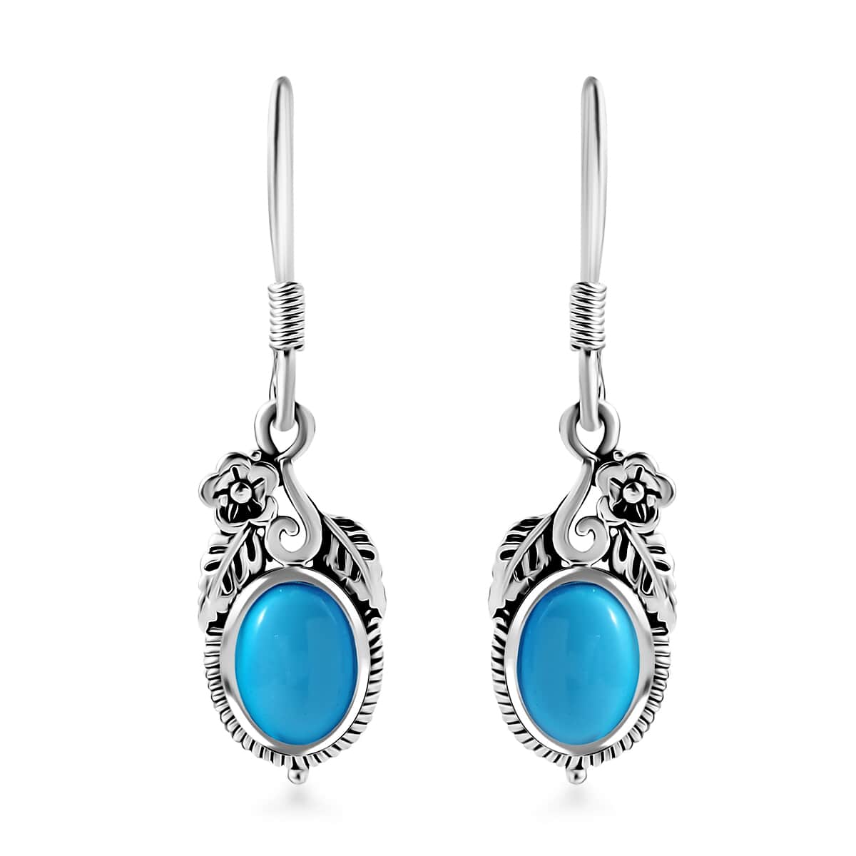 Artisan Crafted Sleeping Beauty Turquoise 2.00 ctw Floral & Leaf Earrings in Black Oxidized Sterling Silver image number 0