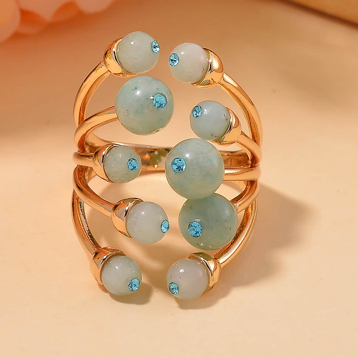 Amazonite and Blue Austrian Crystal 3.00 ctw Adjustable Ring in Silvertone (Size 7-9) image number 1