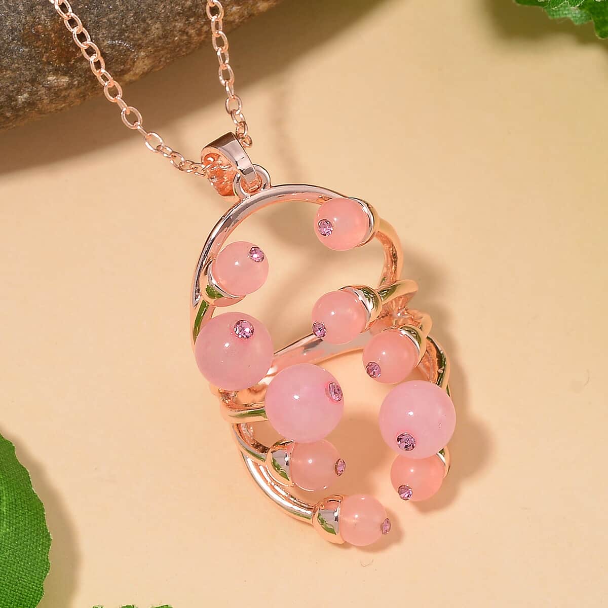 Galilea Rose Quartz and Pink Austrian Crystal 3.00 ctw Necklace in Rosetone 20 Inches image number 1