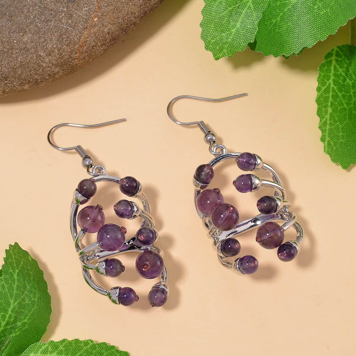 African Amethyst and Purple Austrian Crystal 3.00 ctw Earrings in Silvertone image number 1