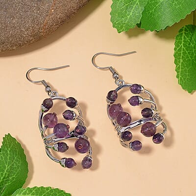 African Amethyst and Purple Austrian Crystal 3.00 ctw Earrings in Silvertone