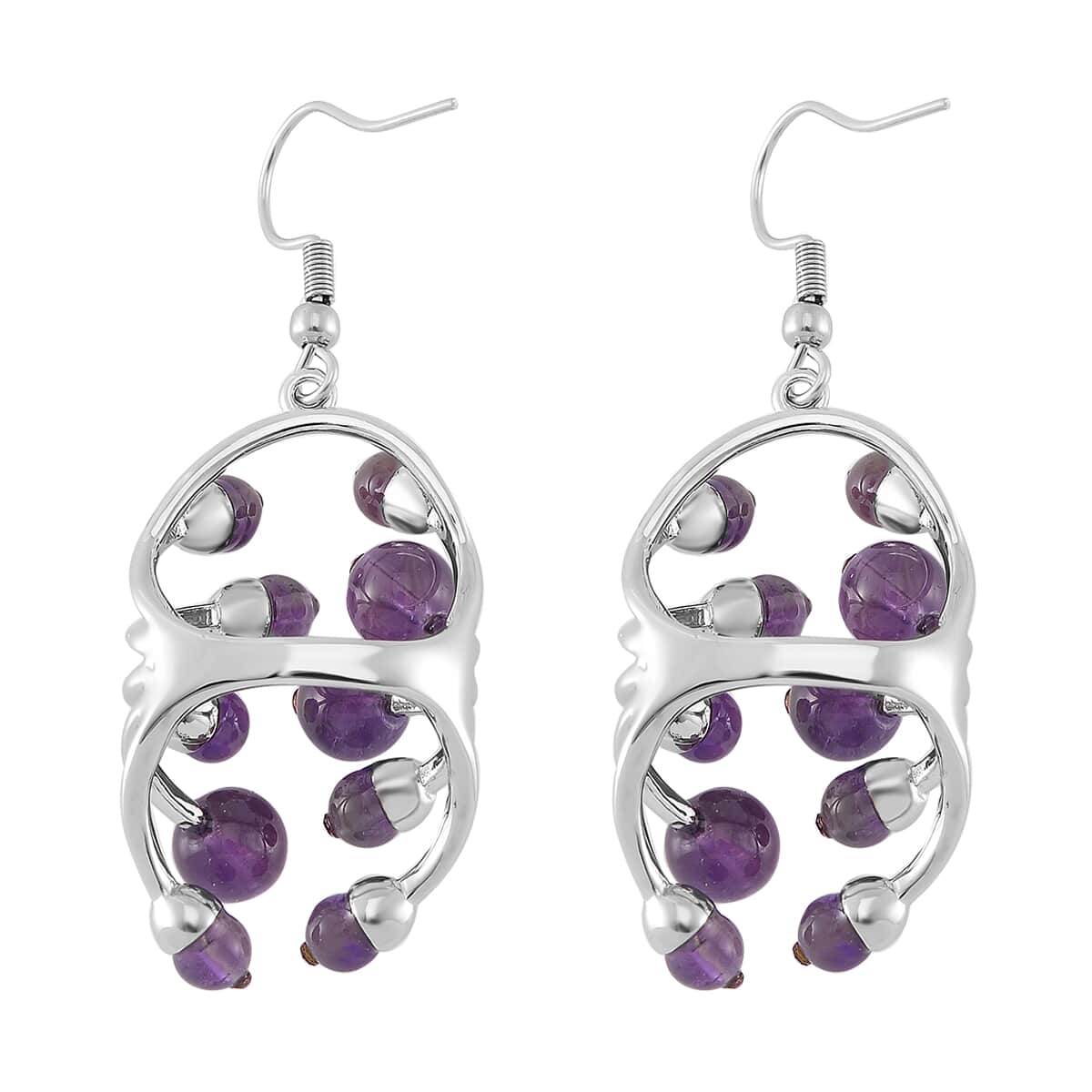 African Amethyst and Purple Austrian Crystal 3.00 ctw Earrings in Silvertone image number 4