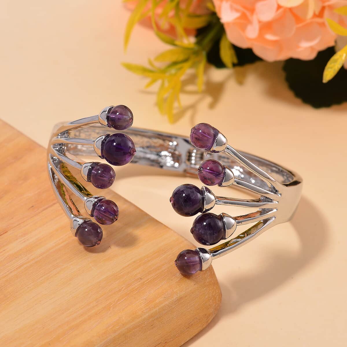 African Amethyst and Purple Austrian Crystal 3.00 ctw Cuff Bracelet in Silvertone (7.00 In) image number 1