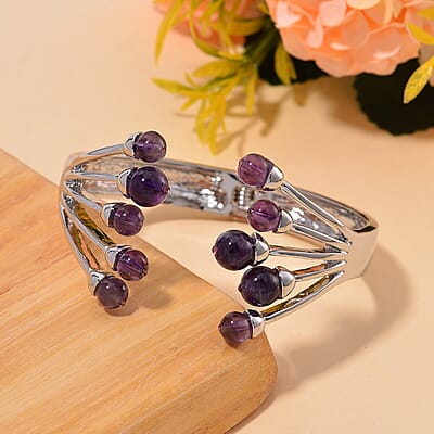 African Amethyst and Purple Austrian Crystal 3.00 ctw Cuff Bracelet in Silvertone (7.00 In)