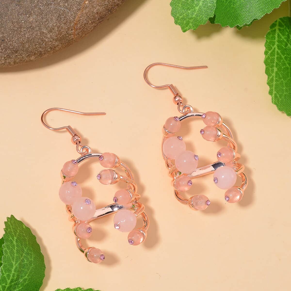 Galilea Rose Quartz and Pink Austrian Crystal 3.00 ctw Earrings in Rosetone image number 1