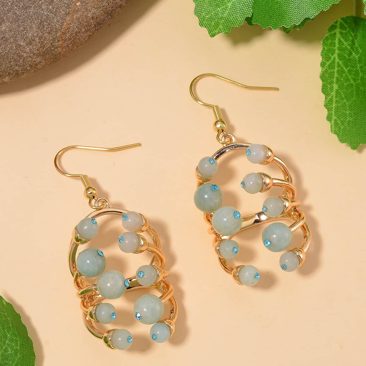 Amazonite and Blue Austrian Crystal 3.00 ctw Earrings in Goldtone image number 1