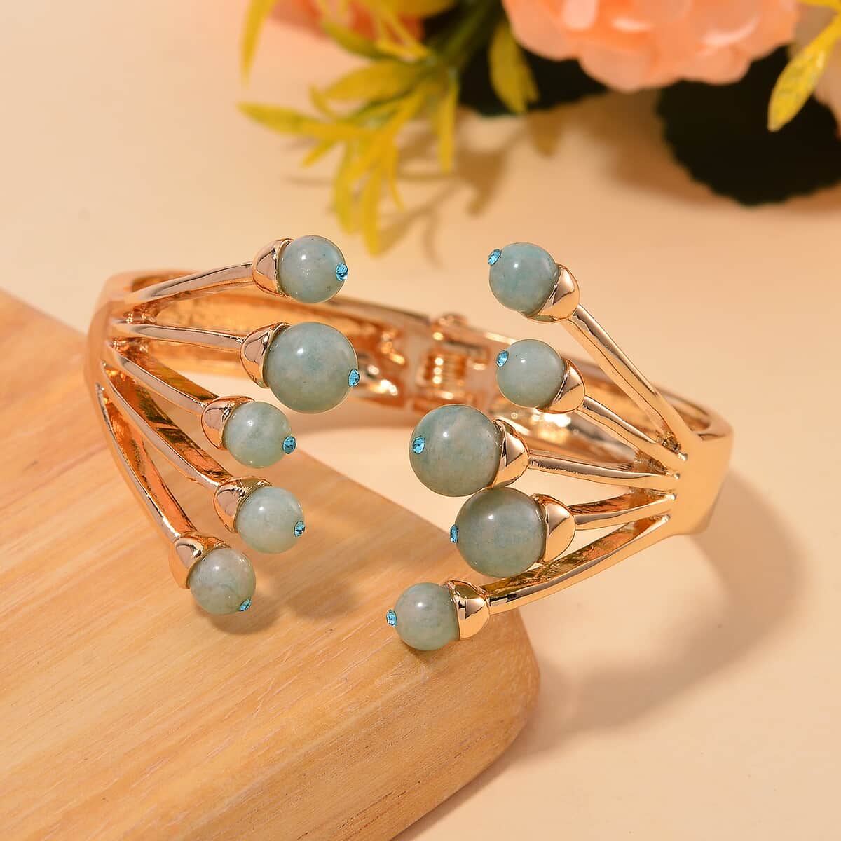 Amazonite and Blue Austrian Crystal 3.00 ctw Cuff Bracelet in Goldtone (7.00 In) image number 1