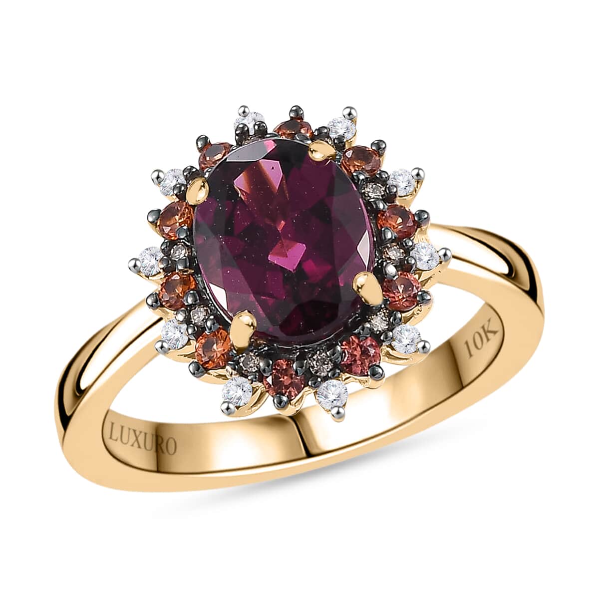 Doorbuster Luxoro 10K Yellow Gold AAA Radiant Amber Garnet, Padparadscha Sapphire (BT), Natural Champagne Diamond (0.15 cts) Ring (Size 10.0) 2.90 ctw image number 0