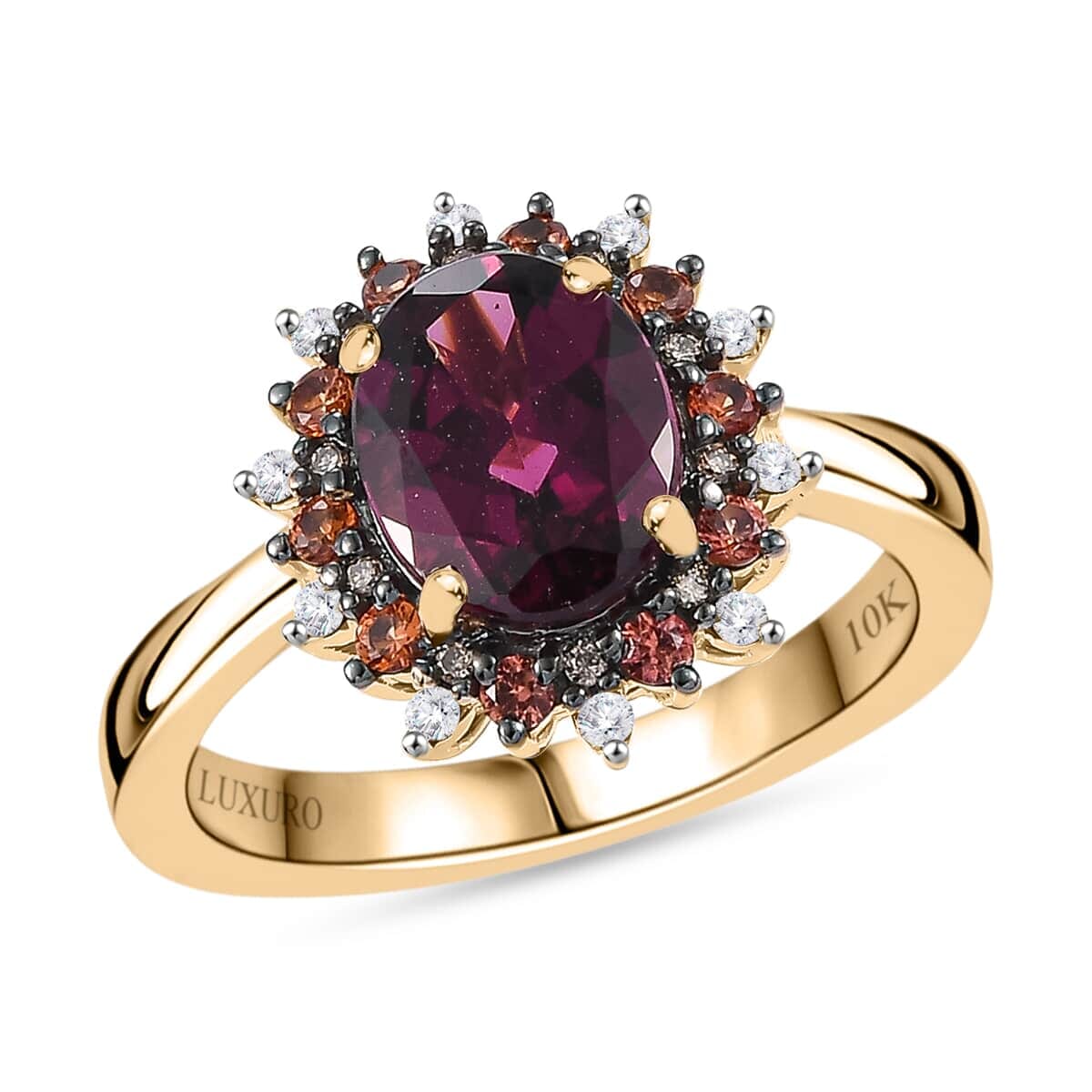 Luxoro AAA Radiant Ember Garnet, Padparadscha Sapphire (BT) 11.0) and Natural Champagne Diamond 2.90 ctw Royal Bloom Ring in 10K Yellow Gold(Size 11.0) image number 0