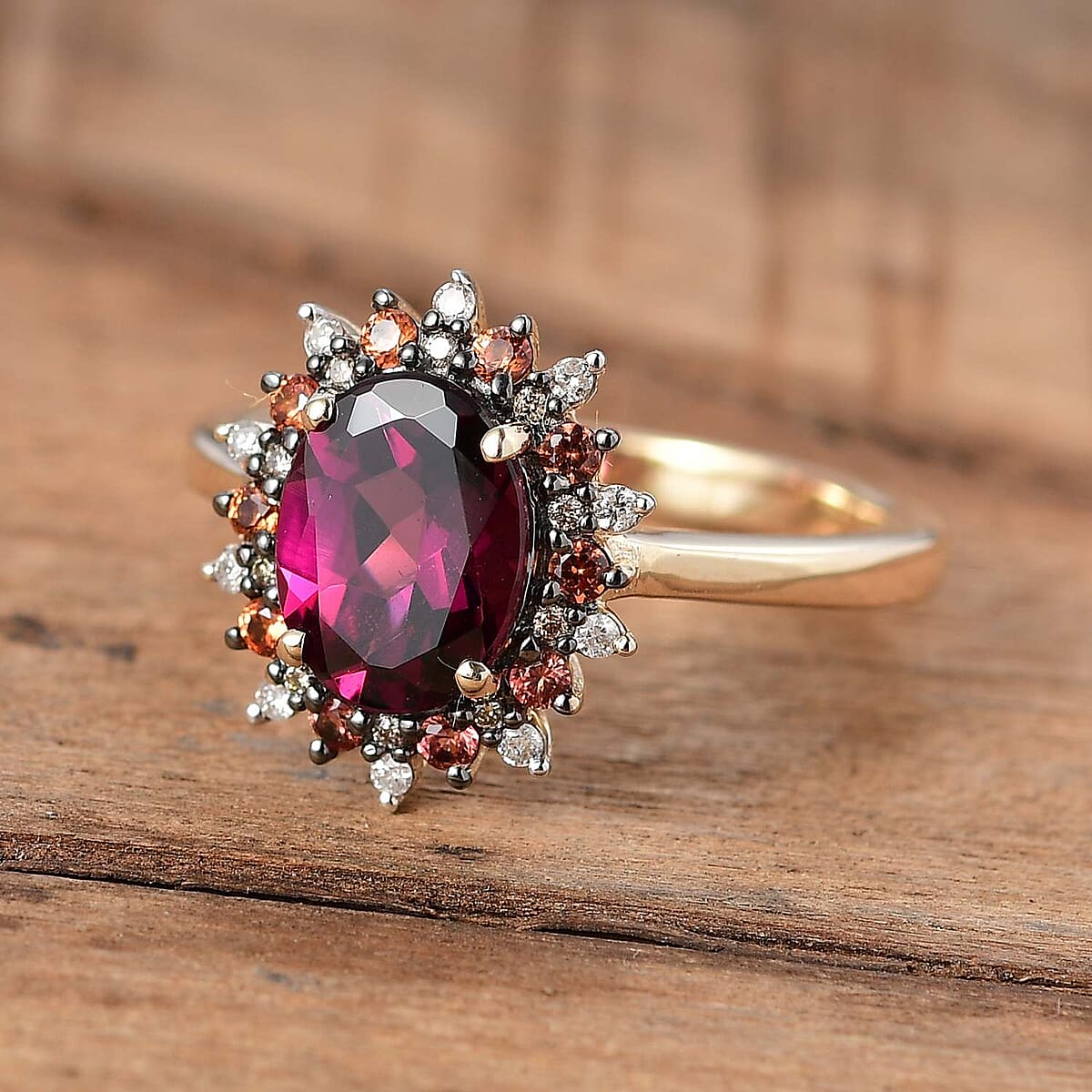 Luxoro AAA Radiant Amber Garnet, Padparadscha Sapphire (BT) 7.0) and Natural Champagne Diamond 2.90 ctw Royal Bloom Ring in 10K Yellow Gold(Size 10.0) image number 1