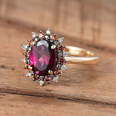 Luxoro AAA Radiant Amber Garnet, Padparadscha Sapphire (BT) 7.0) and Natural Champagne Diamond 2.90 ctw Royal Bloom Ring in 10K Yellow Gold(Size 10.0)
